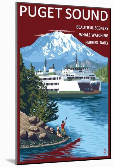 Ferry And Mount Rainier Scene - Puget Sound, Washington-null-Mounted Poster