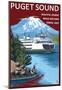 Ferry And Mount Rainier Scene - Puget Sound, Washington-null-Mounted Poster