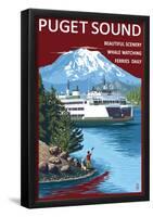 Ferry And Mount Rainier Scene - Puget Sound, Washington-null-Framed Poster