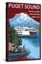 Ferry and Mount Rainier Scene - Puget Sound, Washington-Lantern Press-Stretched Canvas