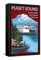 Ferry and Mount Rainier Scene - Puget Sound, Washington-Lantern Press-Framed Stretched Canvas