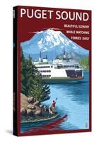 Ferry and Mount Rainier Scene - Puget Sound, Washington-Lantern Press-Stretched Canvas