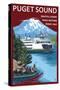 Ferry and Mount Rainier Scene - Puget Sound, Washington-Lantern Press-Stretched Canvas