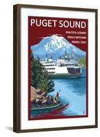 Ferry and Mount Rainier Scene - Puget Sound, Washington-Lantern Press-Framed Art Print