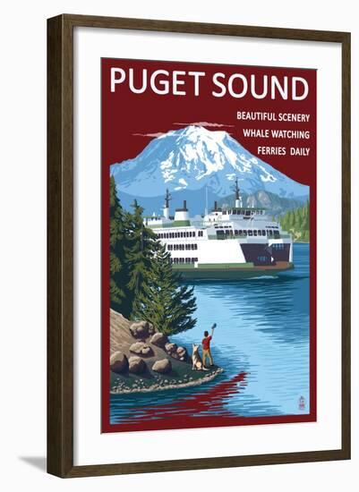 Ferry and Mount Rainier Scene - Puget Sound, Washington-Lantern Press-Framed Art Print