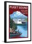 Ferry and Mount Rainier Scene - Puget Sound, Washington-Lantern Press-Framed Art Print