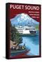 Ferry and Mount Rainier Scene - Puget Sound, Washington-Lantern Press-Framed Stretched Canvas