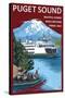 Ferry and Mount Rainier Scene - Puget Sound, Washington-Lantern Press-Stretched Canvas