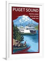 Ferry and Mount Rainier Scene - Puget Sound, Washington-Lantern Press-Framed Art Print