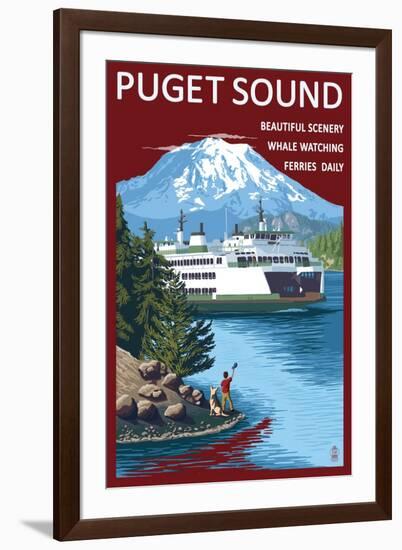 Ferry and Mount Rainier Scene - Puget Sound, Washington-Lantern Press-Framed Art Print