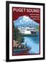 Ferry and Mount Rainier Scene - Puget Sound, Washington-Lantern Press-Framed Art Print