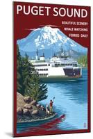 Ferry and Mount Rainier Scene - Puget Sound, Washington-Lantern Press-Mounted Art Print