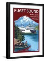 Ferry and Mount Rainier Scene - Puget Sound, Washington-Lantern Press-Framed Art Print