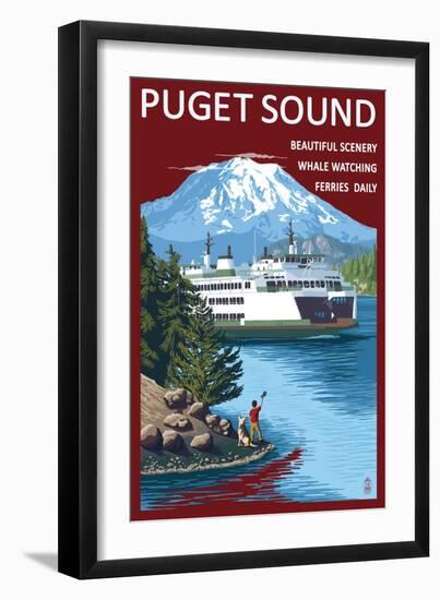 Ferry and Mount Rainier Scene - Puget Sound, Washington-Lantern Press-Framed Art Print