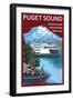 Ferry and Mount Rainier Scene - Puget Sound, Washington-Lantern Press-Framed Art Print