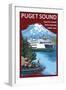Ferry and Mount Rainier Scene - Puget Sound, Washington-Lantern Press-Framed Art Print