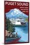 Ferry and Mount Rainier Scene - Puget Sound, Washington-Lantern Press-Mounted Art Print