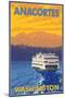 Ferry and Mountains, Anacortes, Washington-Lantern Press-Mounted Art Print