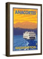 Ferry and Mountains, Anacortes, Washington-Lantern Press-Framed Art Print