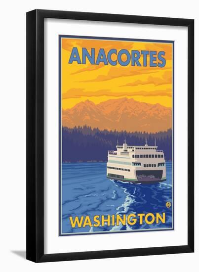 Ferry and Mountains, Anacortes, Washington-Lantern Press-Framed Art Print