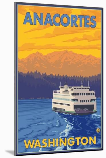 Ferry and Mountains, Anacortes, Washington-Lantern Press-Mounted Art Print