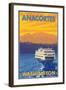 Ferry and Mountains, Anacortes, Washington-Lantern Press-Framed Art Print