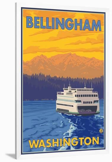 Ferry and Mountains, Bellingham, Washington-Lantern Press-Framed Art Print