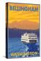 Ferry and Mountains, Bellingham, Washington-Lantern Press-Stretched Canvas