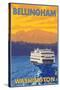 Ferry and Mountains, Bellingham, Washington-Lantern Press-Stretched Canvas