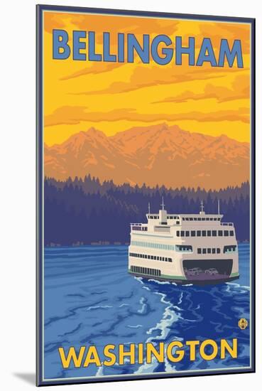 Ferry and Mountains, Bellingham, Washington-Lantern Press-Mounted Art Print