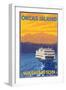 Ferry and Mountains, Orcas Island, Washington-Lantern Press-Framed Premium Giclee Print