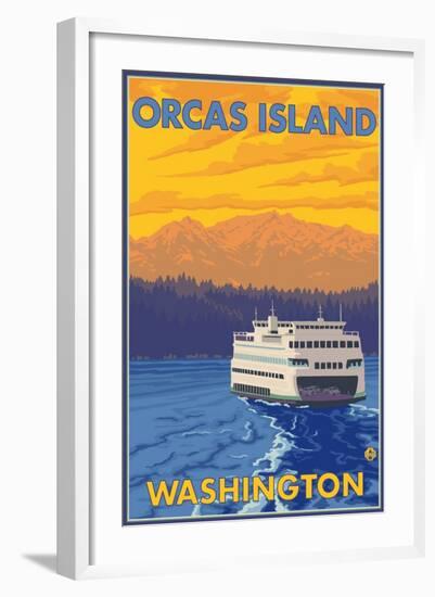 Ferry and Mountains, Orcas Island, Washington-Lantern Press-Framed Art Print