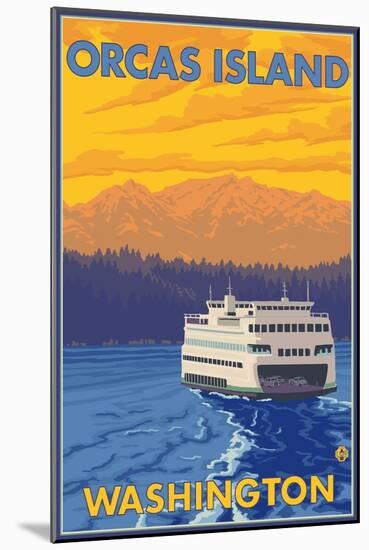 Ferry and Mountains, Orcas Island, Washington-Lantern Press-Mounted Art Print