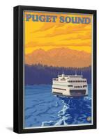 Ferry And Mountains, Puget Sound, Washington-null-Framed Poster