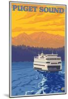 Ferry And Mountains, Puget Sound, Washington-null-Mounted Poster