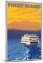 Ferry And Mountains, Puget Sound, Washington-null-Mounted Poster