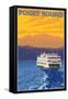 Ferry and Mountains, Puget Sound, Washington-Lantern Press-Framed Stretched Canvas