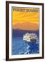 Ferry and Mountains, Puget Sound, Washington-Lantern Press-Framed Art Print