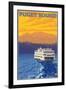 Ferry and Mountains, Puget Sound, Washington-Lantern Press-Framed Art Print