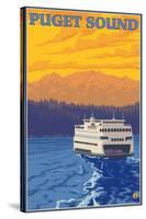 Ferry and Mountains, Puget Sound, Washington-Lantern Press-Stretched Canvas