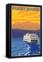 Ferry and Mountains, Puget Sound, Washington-Lantern Press-Framed Stretched Canvas