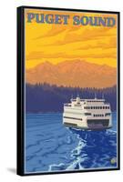 Ferry and Mountains, Puget Sound, Washington-Lantern Press-Framed Stretched Canvas