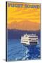 Ferry and Mountains, Puget Sound, Washington-Lantern Press-Stretched Canvas