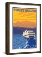 Ferry and Mountains, Puget Sound, Washington-Lantern Press-Framed Art Print