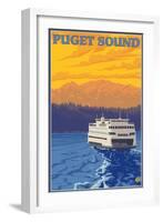 Ferry and Mountains, Puget Sound, Washington-Lantern Press-Framed Art Print