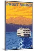 Ferry and Mountains, Puget Sound, Washington-Lantern Press-Mounted Art Print