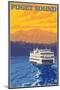 Ferry and Mountains, Puget Sound, Washington-Lantern Press-Mounted Art Print