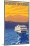 Ferry and Mountains, Puget Sound, Washington-Lantern Press-Mounted Art Print