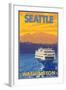 Ferry and Mountains, Seattle, Washington-Lantern Press-Framed Art Print