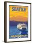 Ferry and Mountains, Seattle, Washington-Lantern Press-Framed Art Print